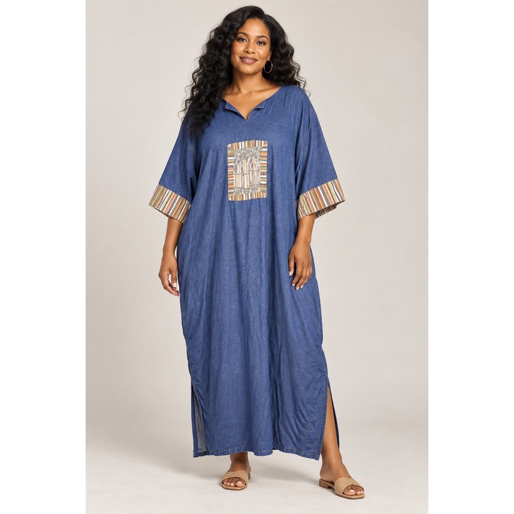 Vintage Denim Blue Short Sleeve Maxi African Patch Side Slits Prairie Dress 2X